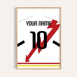 Framed Football Shirt Poster in White with Red Lightning Bolt showing number 10 and custom name