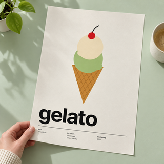 Close view of the Swiss style ice cream typography print on smooth matte paper