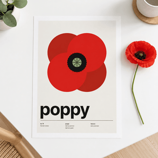 Close view of the Swiss style poppy print on smooth matte paper