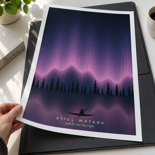 Close view of the lone canoe under the aurora print on smooth matte paper