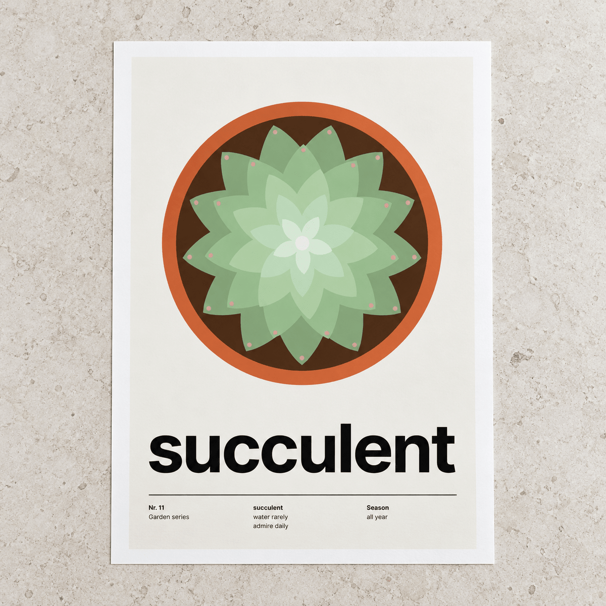 Close view of the Swiss style succulent print on smooth matte paper