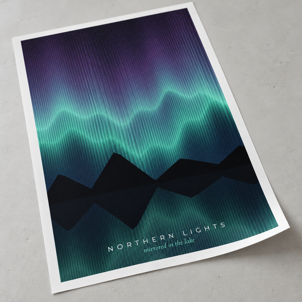 Close view of the teal aurora over mountains and water print on smooth matte paper