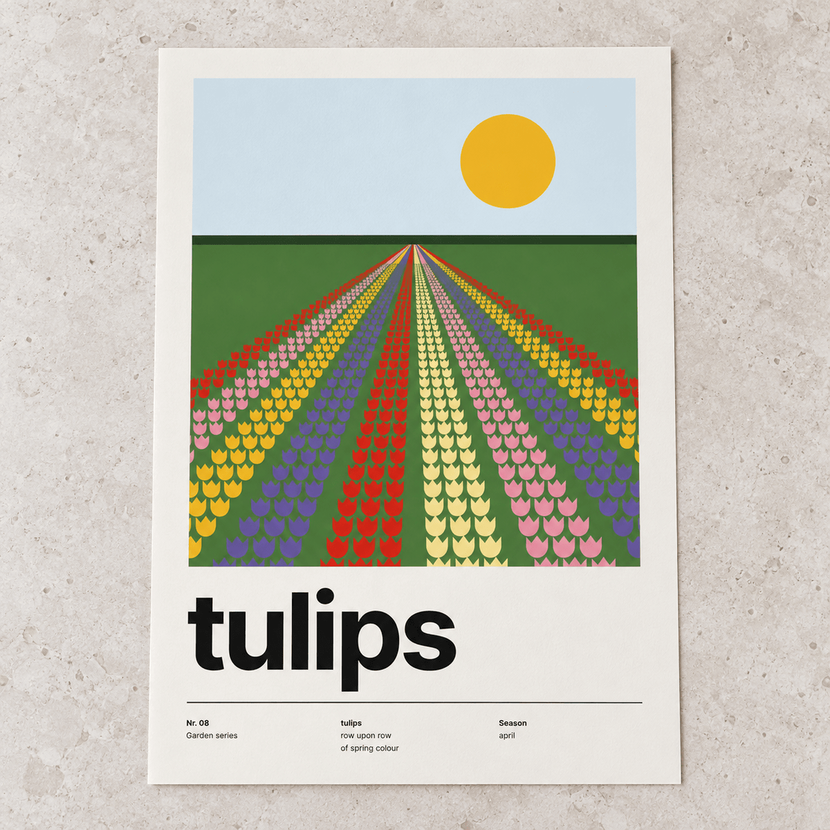Close view of the Swiss style tulip landscape print on smooth matte paper