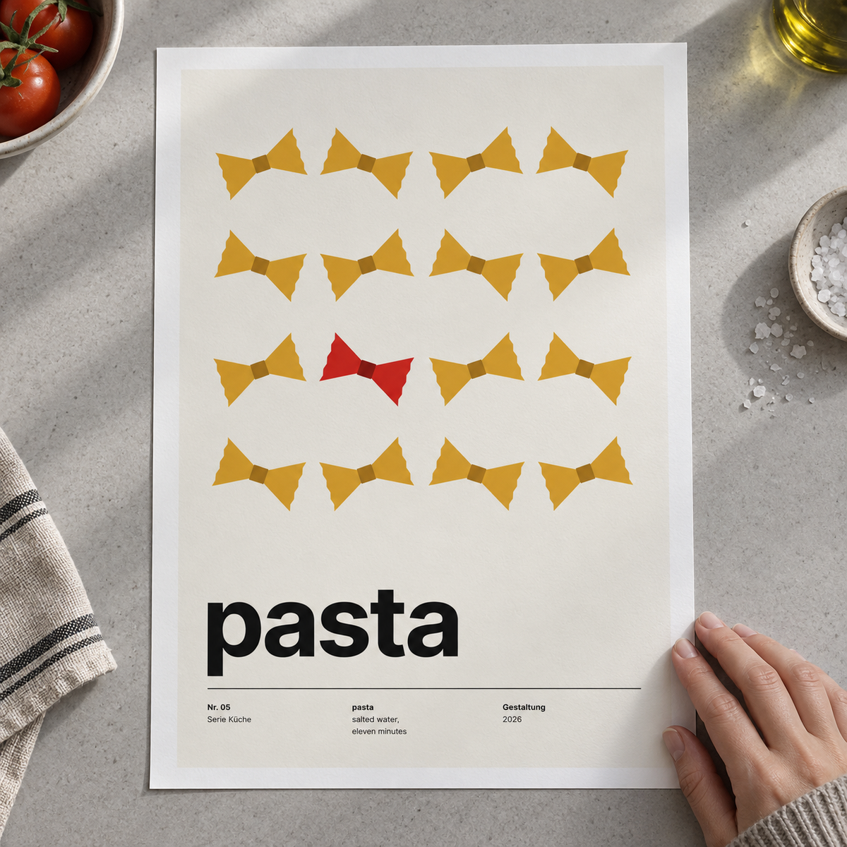 Close view of the Swiss style pasta typography print on smooth matte paper