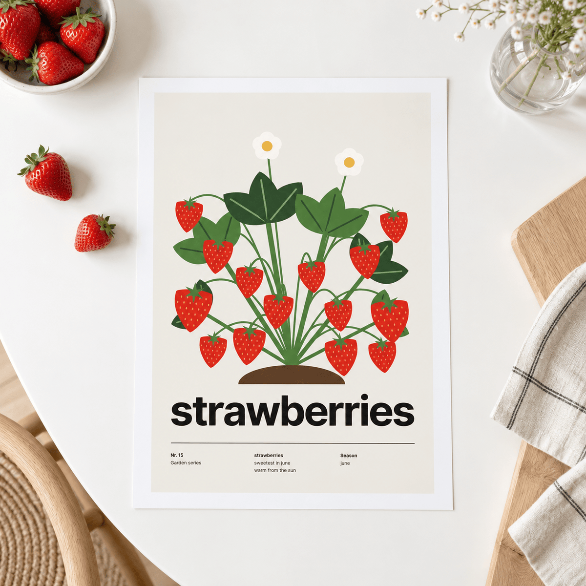 Close view of the Swiss style strawberries print on smooth matte paper