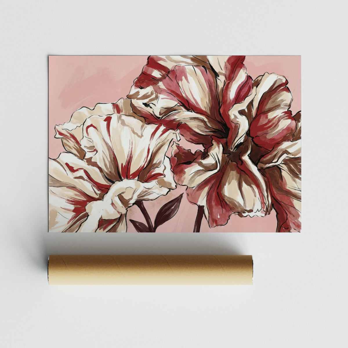 Pink background flower print of large striped flowers beside a packaging tube
