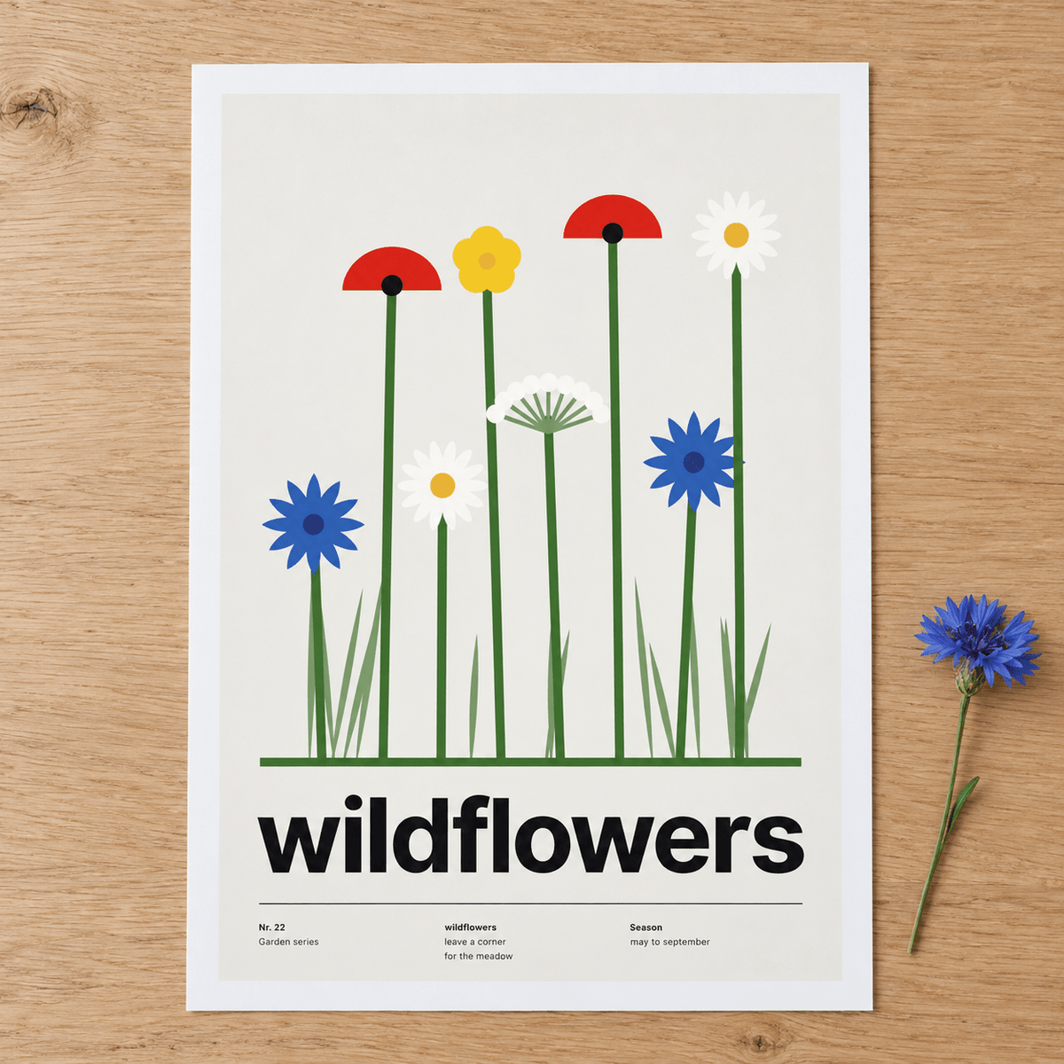 Close view of the Swiss style wildflower meadow print on smooth matte paper