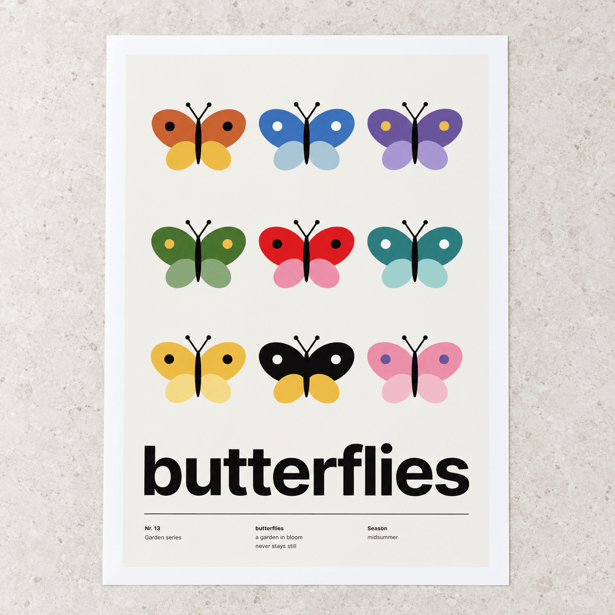 Close view of the Swiss style butterfly grid print on smooth matte paper