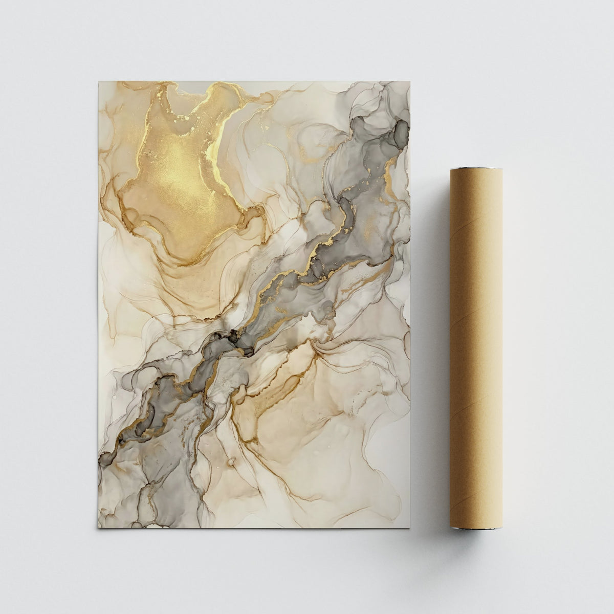 Beige abstract print with gold and grey watercolour effect next to a brown packaging tube