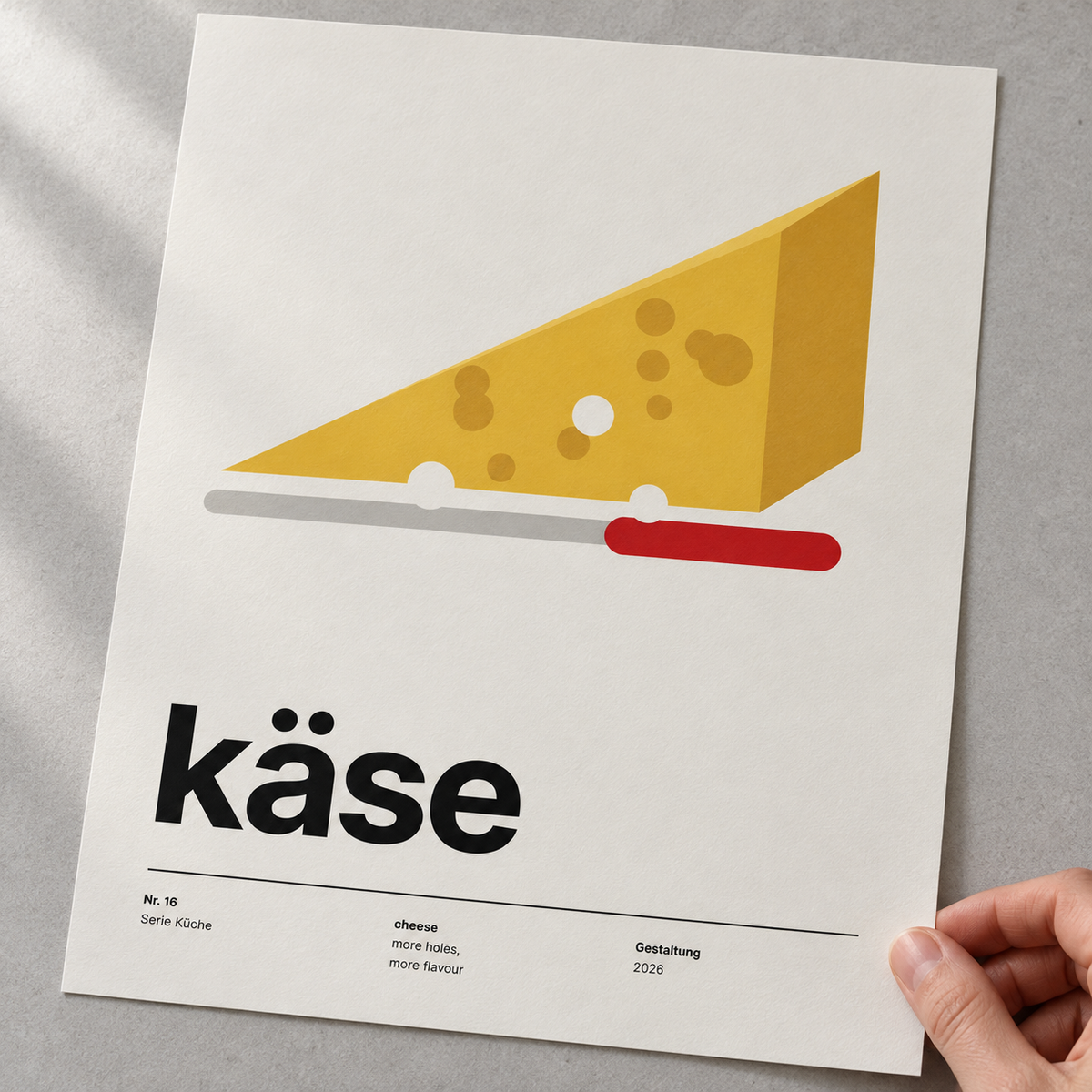Close view of the Swiss style cheese typography print on smooth matte paper