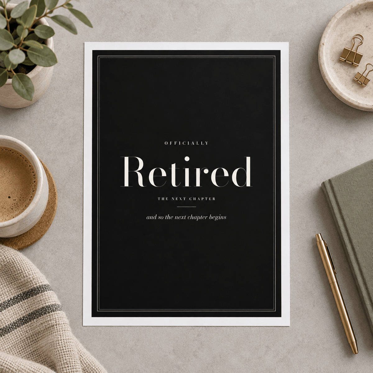 Close view of the elegant retired typography print on smooth matte paper