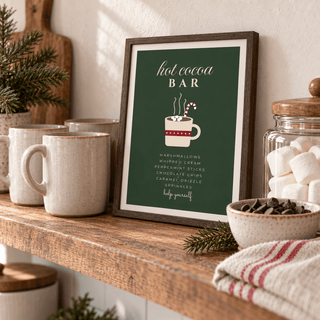 Close view of the green Christmas cocoa print styled on a kitchen shelf