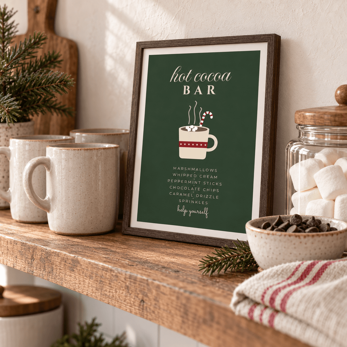 Close view of the green Christmas cocoa print styled on a kitchen shelf