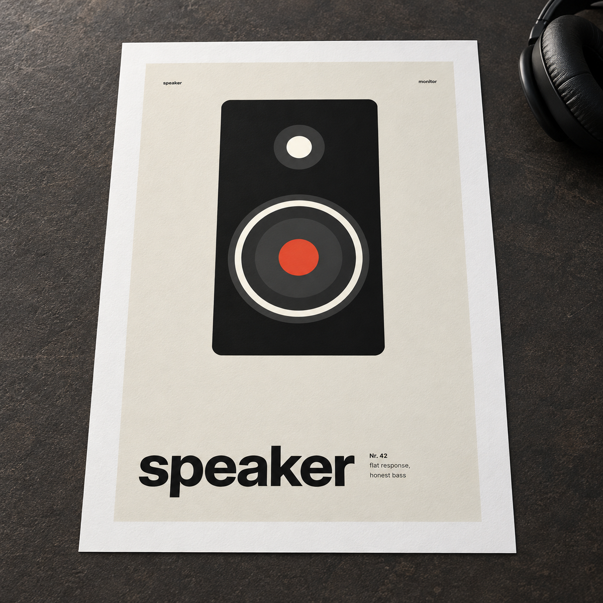 Close view of the Swiss style speaker print on smooth matte paper