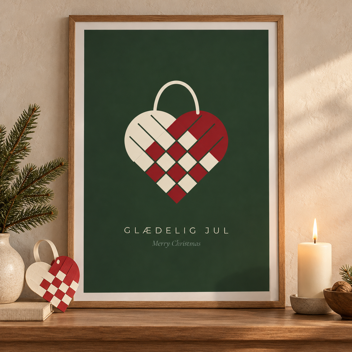 Close view of the red and cream heart print with festive styling