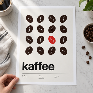 Close view of the dark coffee beans with one red bean print on smooth matte paper
