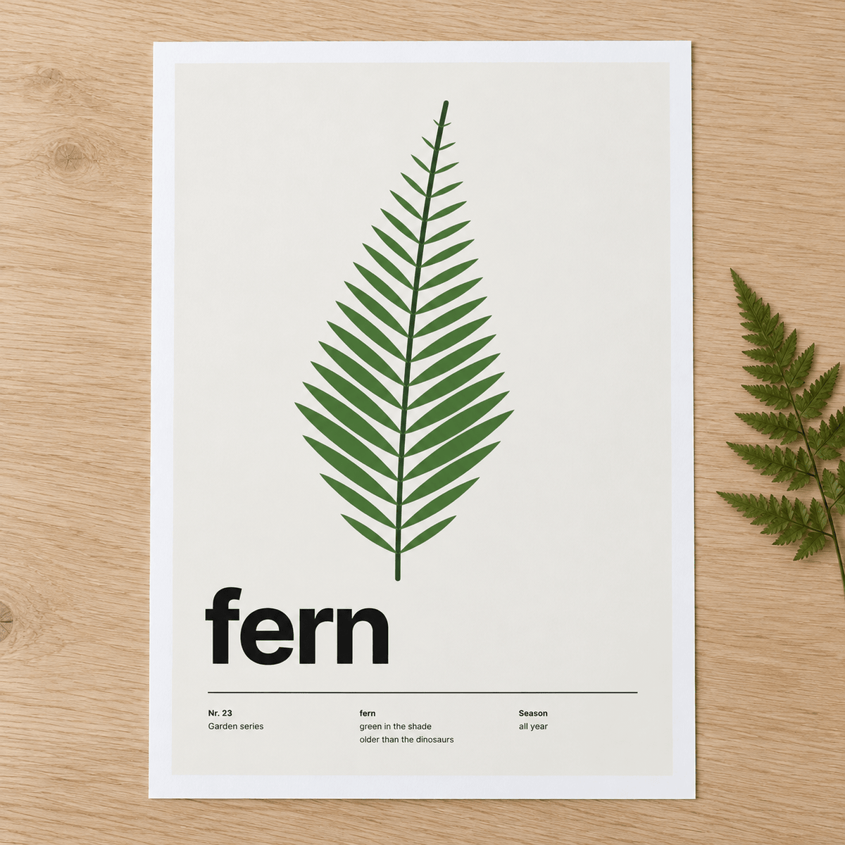 Close view of the Swiss style fern leaf print on smooth matte paper