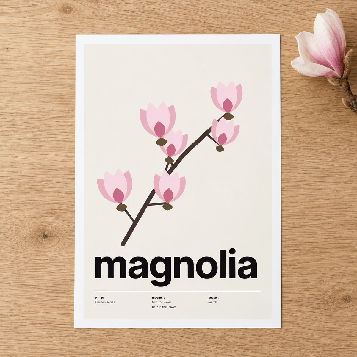 Close view of the Swiss style magnolia print on smooth matte paper