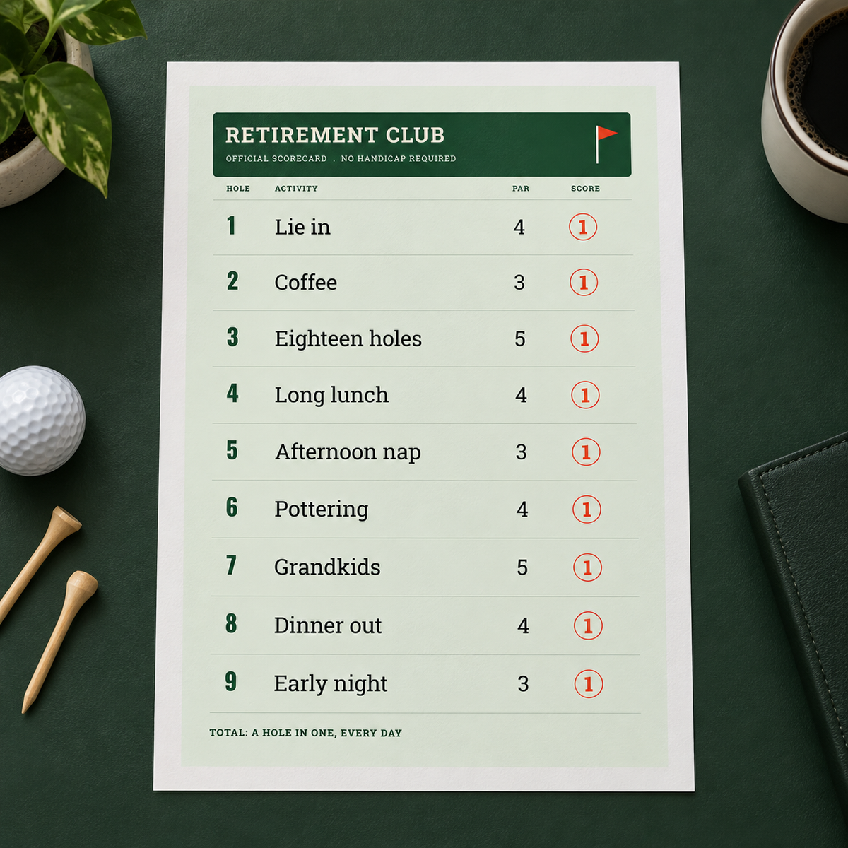 Close view of the funny golf retirement print on smooth matte paper