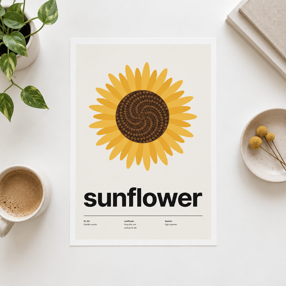 Close view of the Swiss style sunflower print on smooth matte paper