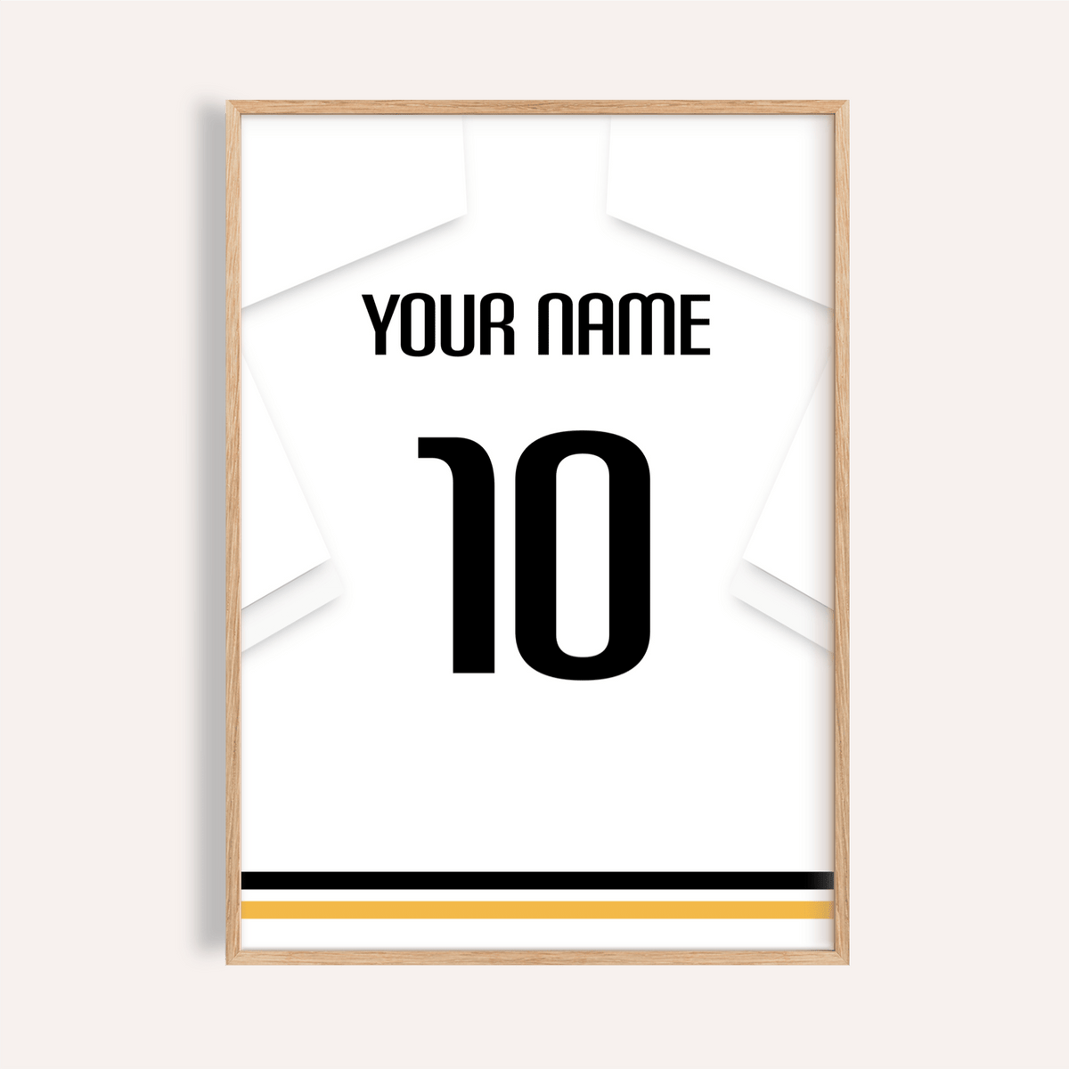 Football Shirt Poster in All White with Black Number featuring a minimalist white shirt with number 10 and black and gold stripes