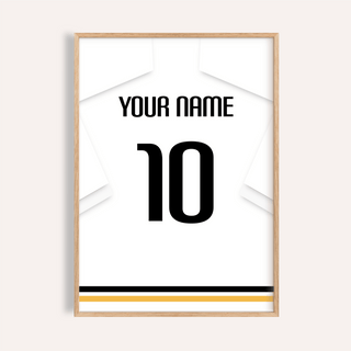 Football Shirt Poster in All White with Black Number featuring a minimalist white shirt with number 10 and black and gold stripes