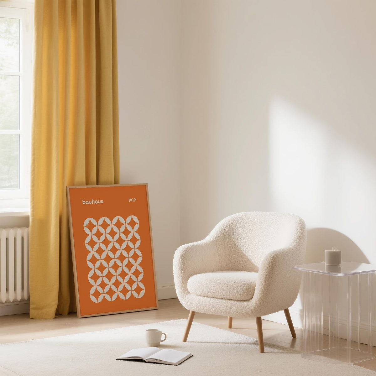 Orange poster leaning on floor with circle grid pattern beside cream armchair and yellow curtains