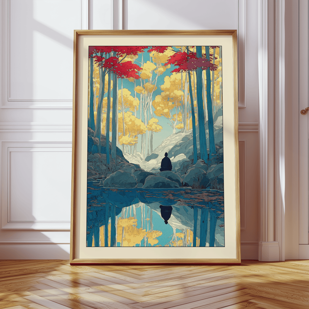 Zen Forest Art Print leaning against a white wall with sunlight and herringbone floor visible