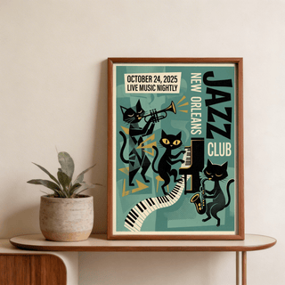 Print leaning on a shelf showing New Orleans Music Poster with black cats playing jazz instruments in mid-century style next to a potted