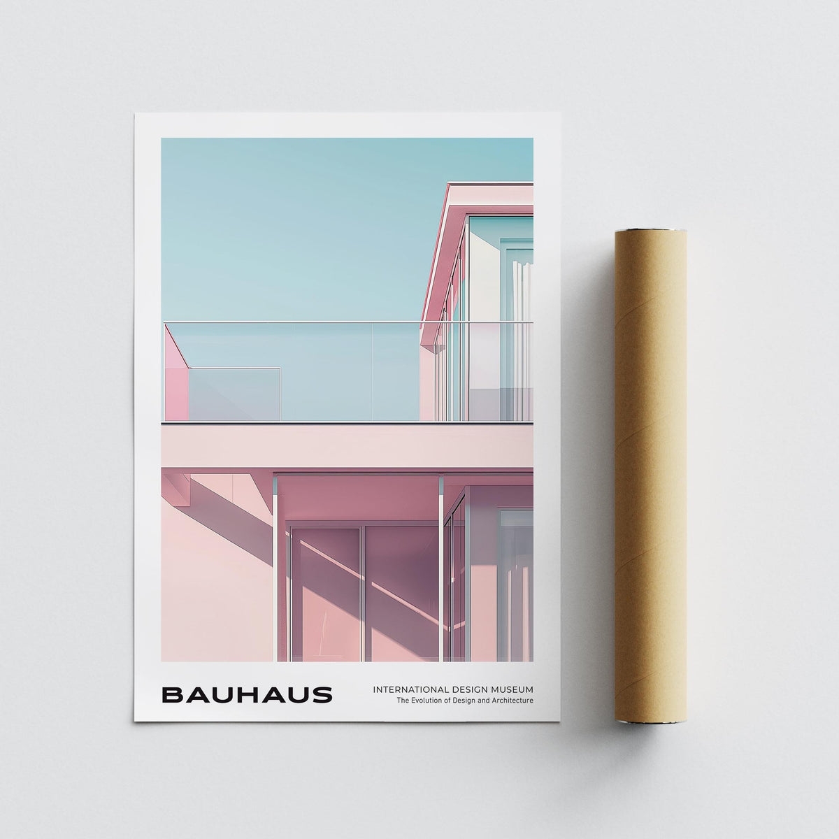 Bauhaus Style print of a minimalist pink building facade alongside a brown packaging tube