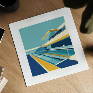 Close-up of Poolside Art with minimalist bauhaus style and blue and yellow colours on wooden table