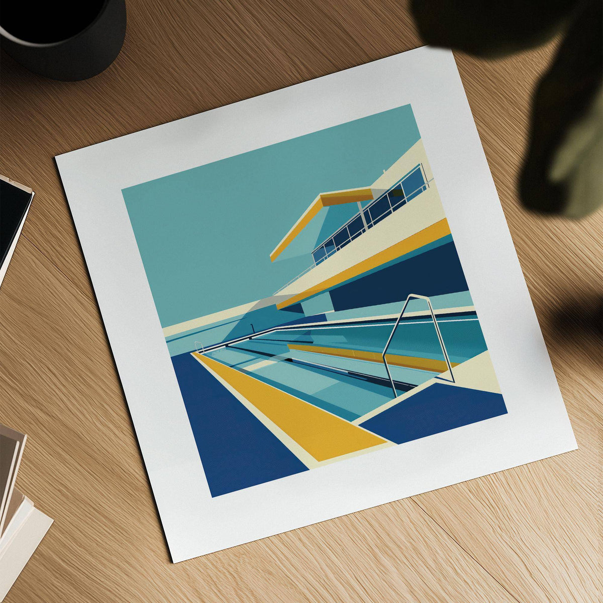 Close-up of Poolside Art with minimalist bauhaus style and blue and yellow colours on wooden table