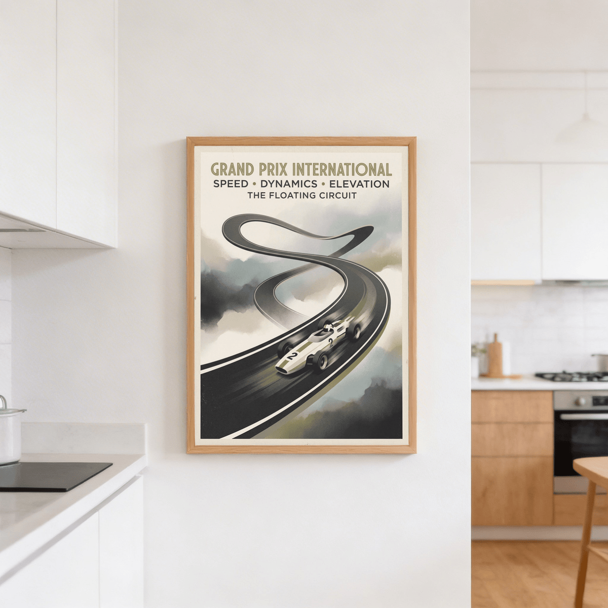 Print on a wall of a vintage race car on a winding circuit in muted tones in a kitchen