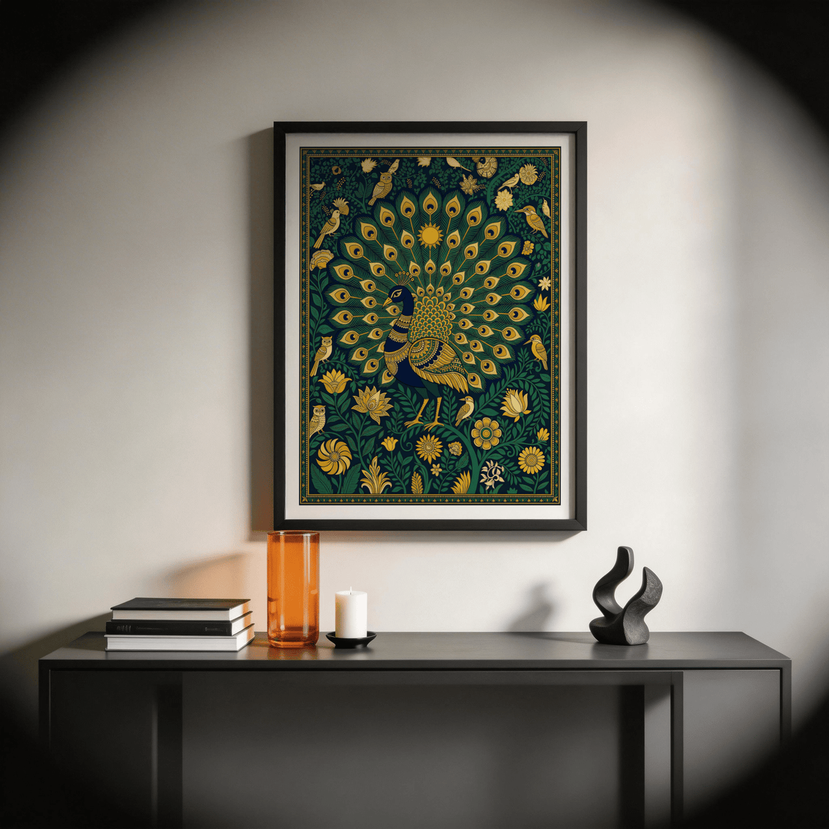 Framed Peacock Art Print with gold and green details above a black console with an orange vase