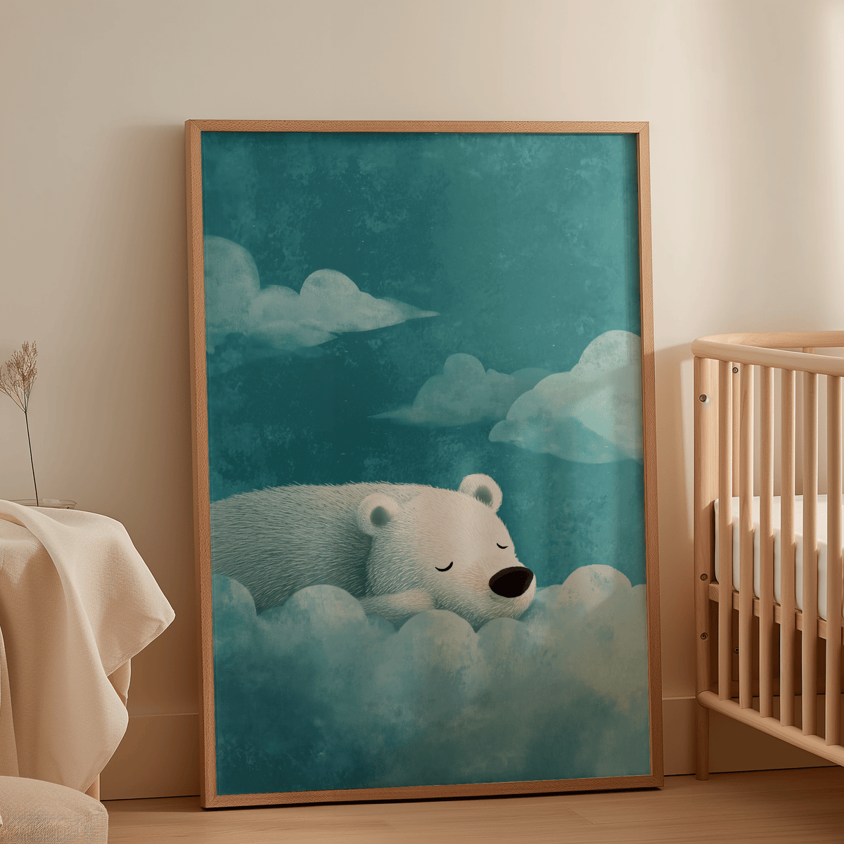 Polar Bear wall art leaning on a floor by a wooden cot with beige walls