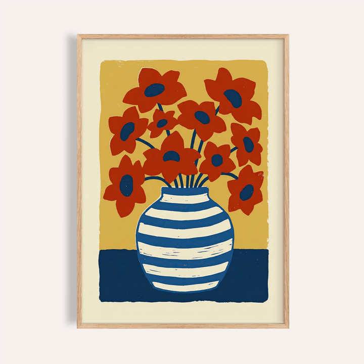 Framed Vase Poster of a striped vase with red flowers in a minimalist style