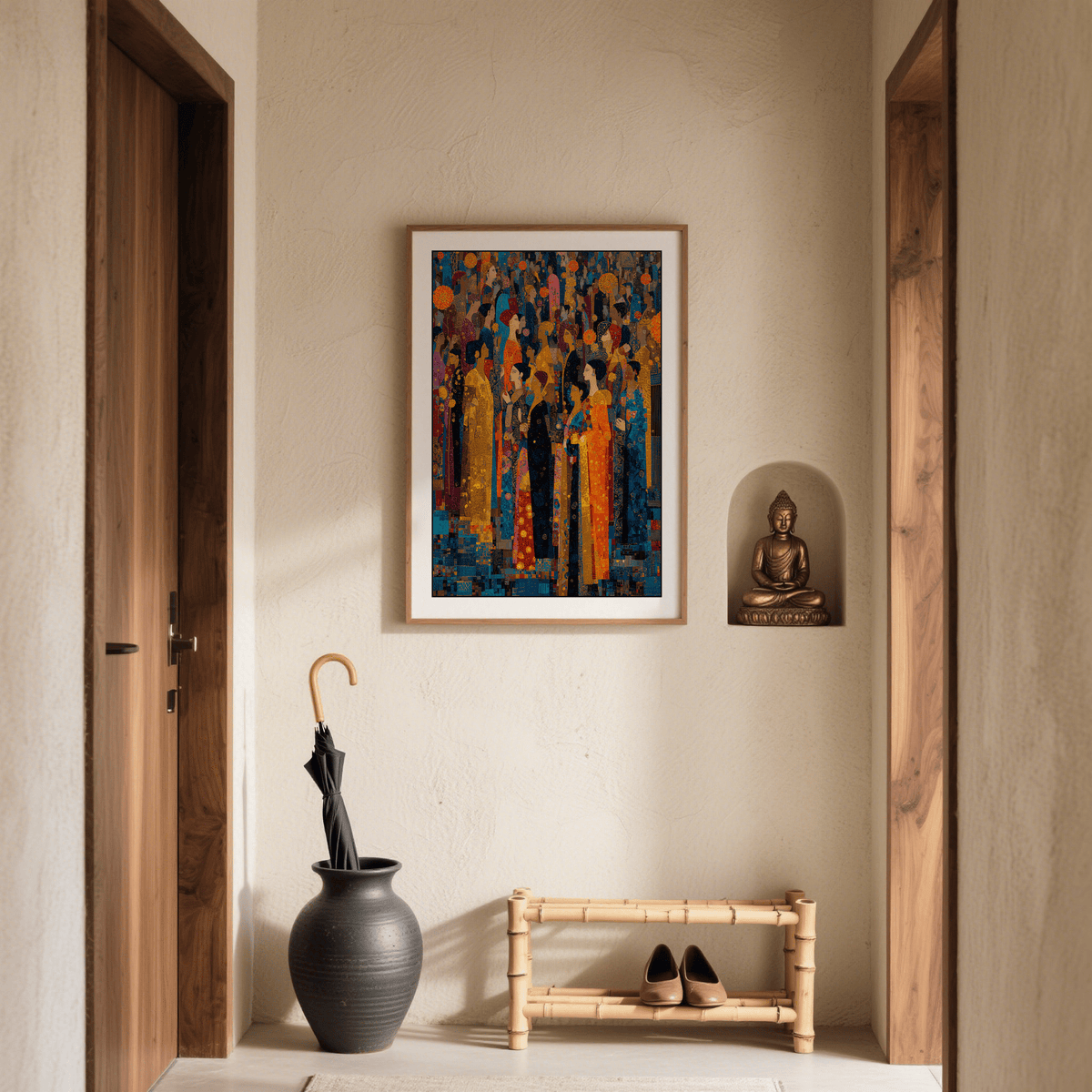 Indian Festival Art print of a group of people in colourful robes in a neutral-toned hallway above a bamboo shoe rack
