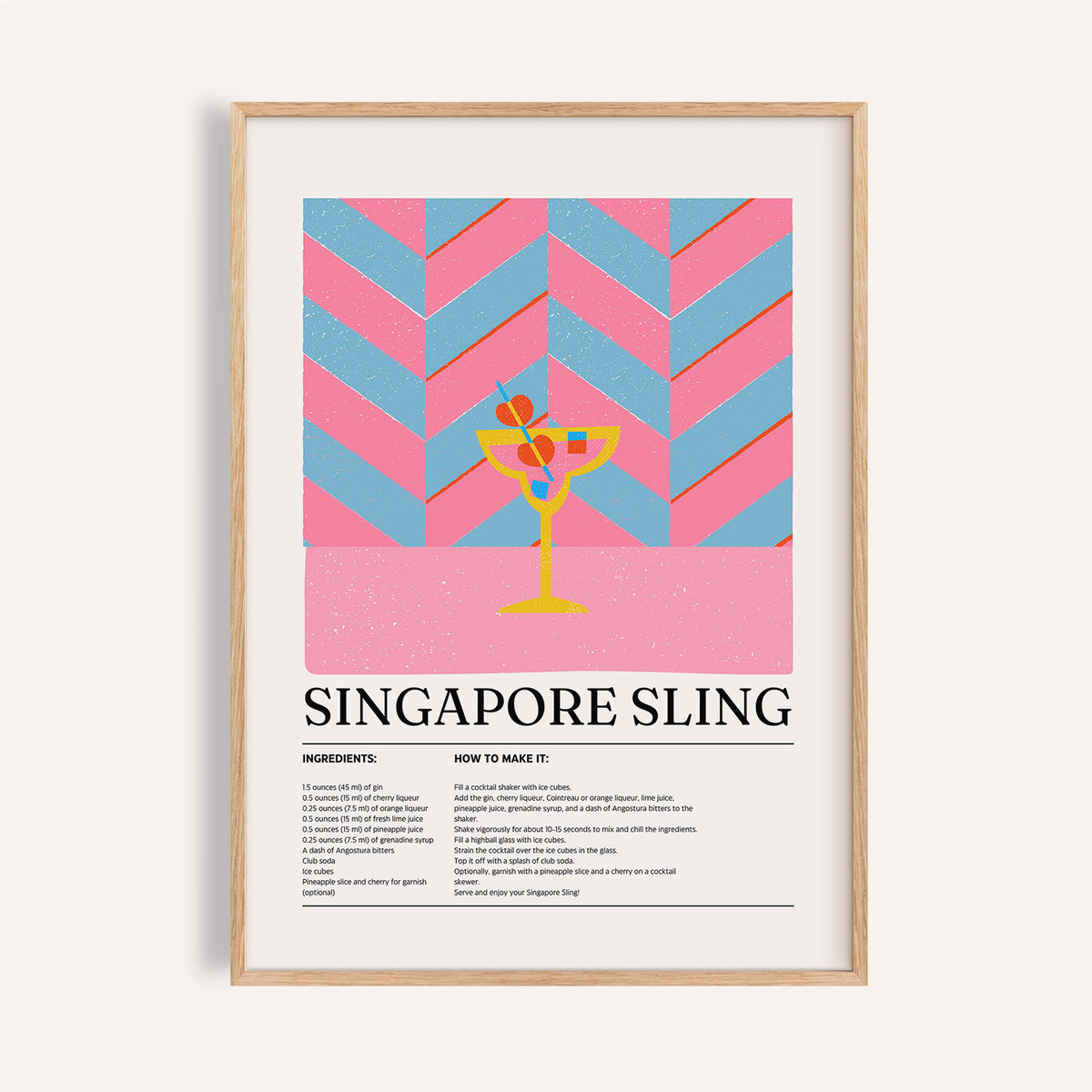 Framed print showing a Singapore Sling cocktail illustration with pink and blue chevron background