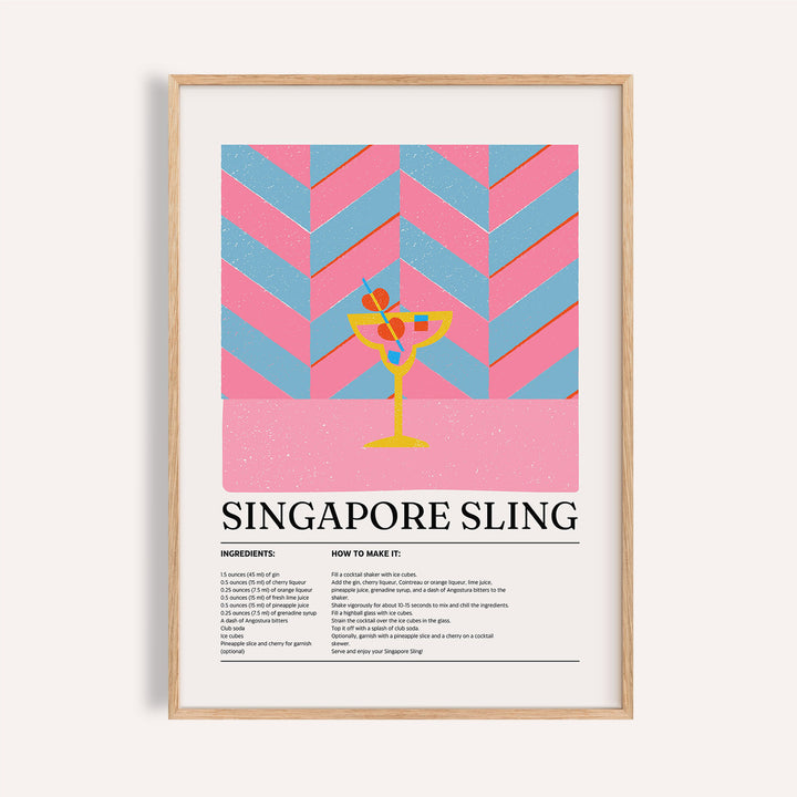 Framed print showing a Singapore Sling cocktail illustration with pink and blue chevron background