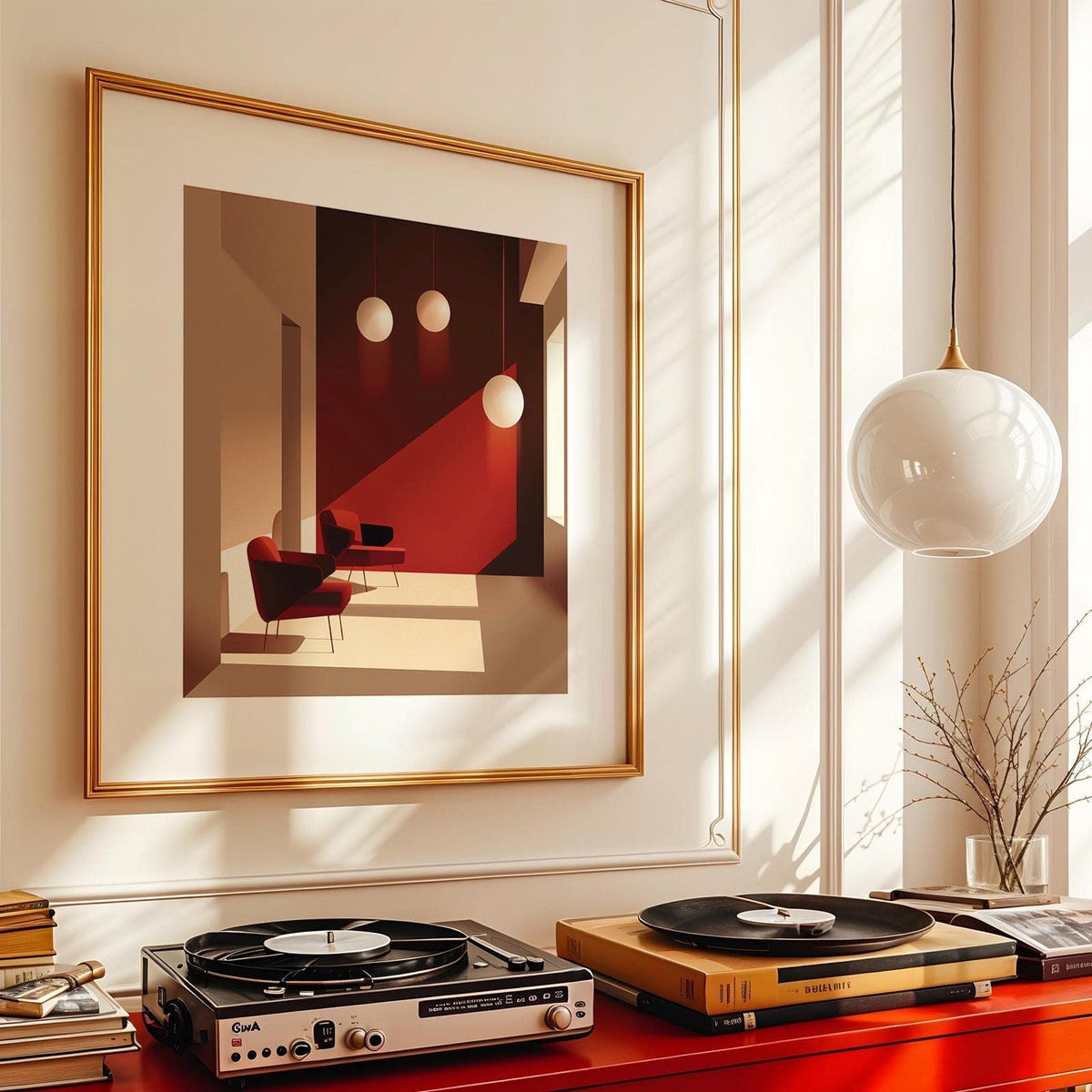 Art for Office Walls print in a mid-century style room with a red record player and large window light