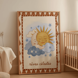 Print leaning on floor of moon and sun with folk-art style and warm colours near a wooden cot
