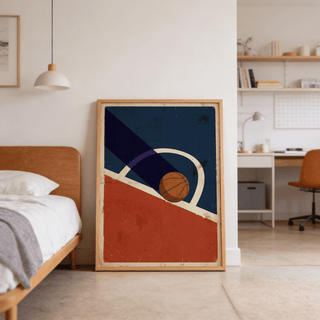 Vintage Basketball Poster print leaning on floor with brown bed frame beside it in bedroom