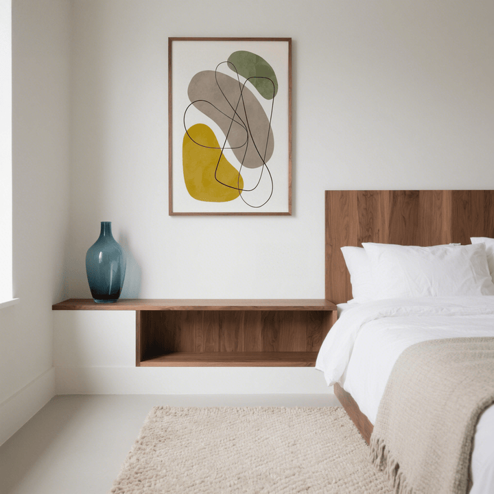 Geometric Abstract Poster with organic shapes in green, mustard and grey above a shelf with a blue vase in a bedroom