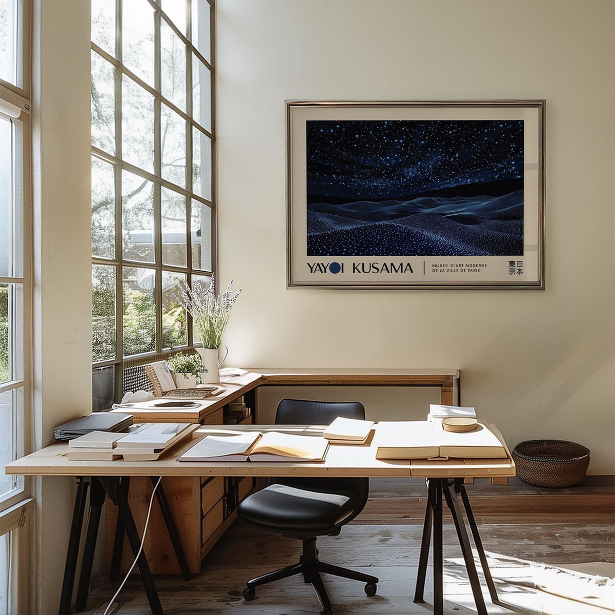 Night Sky wall art with starry night sky over abstract waves above desk and chair