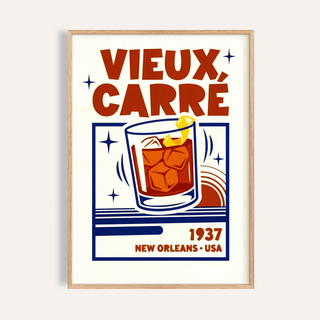 Framed print close-up of New Orleans Cocktail Print with retro style and red and blue colours