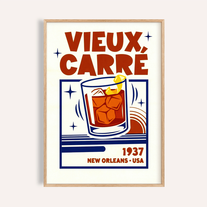 Framed print close-up of New Orleans Cocktail Print with retro style and red and blue colours
