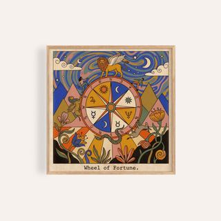 Framed close-up of Wheel Of Fortune Tarot Card Art with vibrant folk-art style and cosmic colours