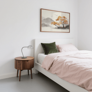 Autumn Tree Art Print print on a wall in a bedroom with a bedside table and lamp