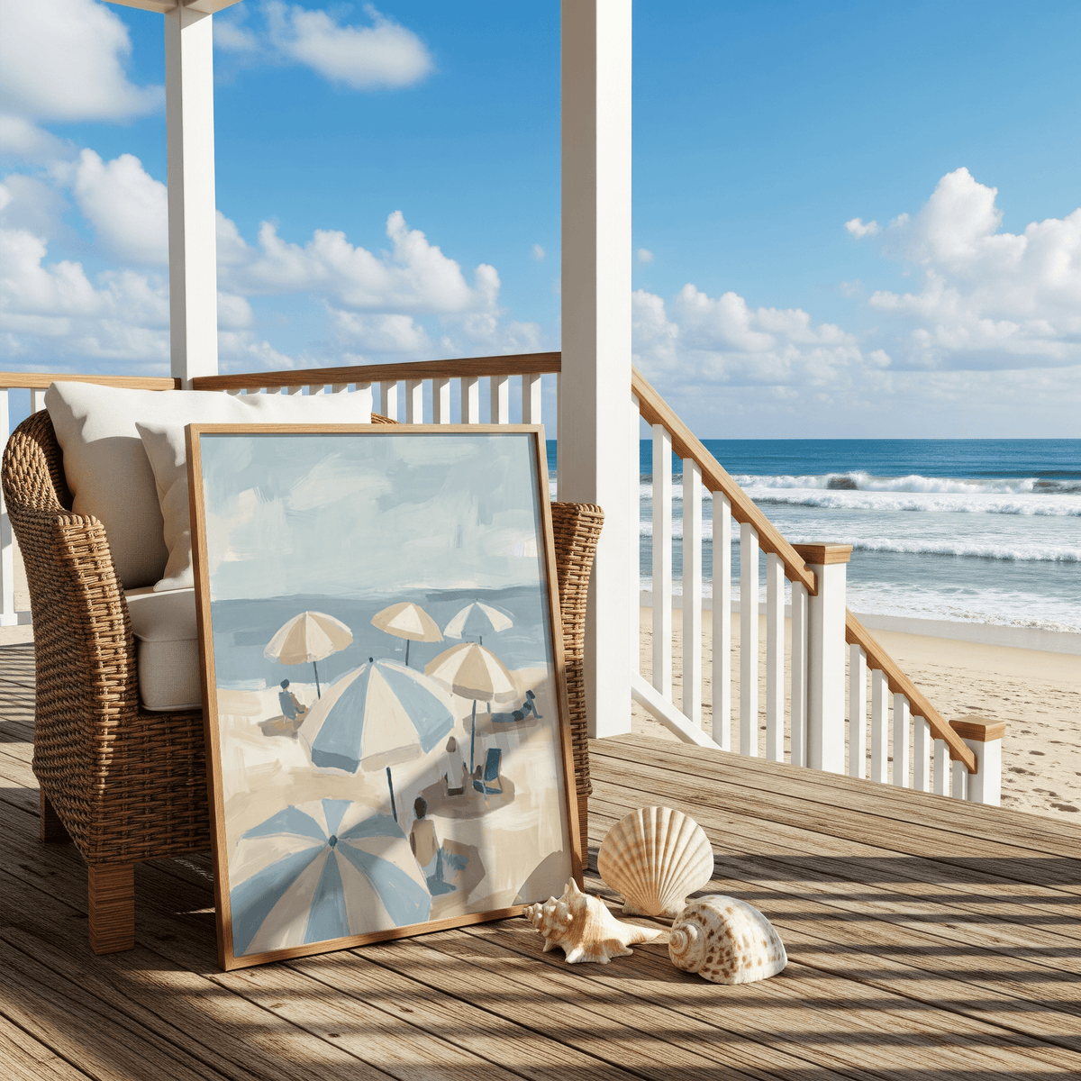 Print leaning on a wicker chair showing beach umbrellas in muted shades of blue and beige with sea shells on the deck