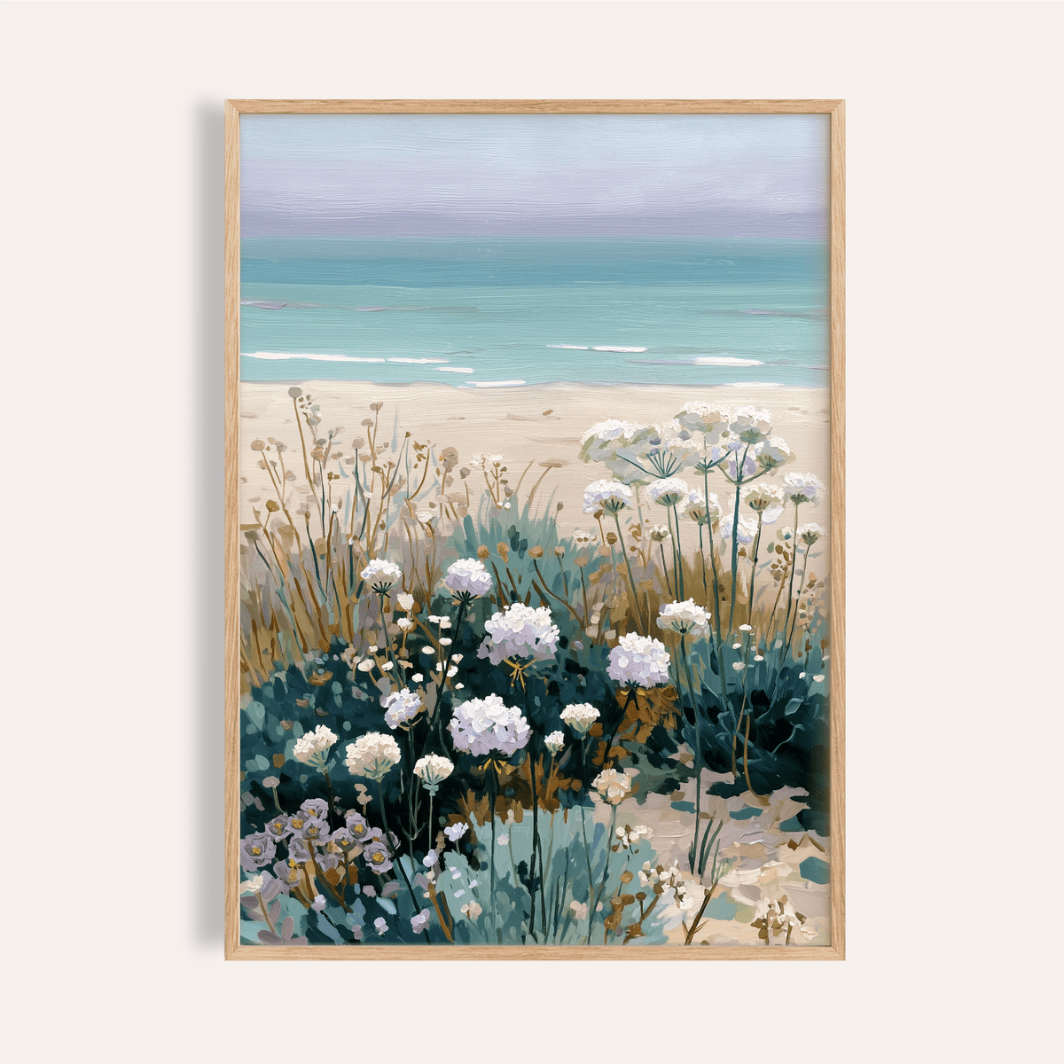 Framed print of Beach Floral Art with white beach flowers and muted greens against a sandy shore background